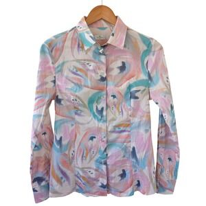 Etro Milano Women Abstract Watercolor Print Button Down Shirt Pink Blue Italy 42